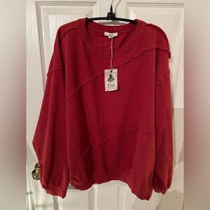 NWT Easel Poppy Red Oversized Thermal Knit Exposes Seams Sweatshirt | L